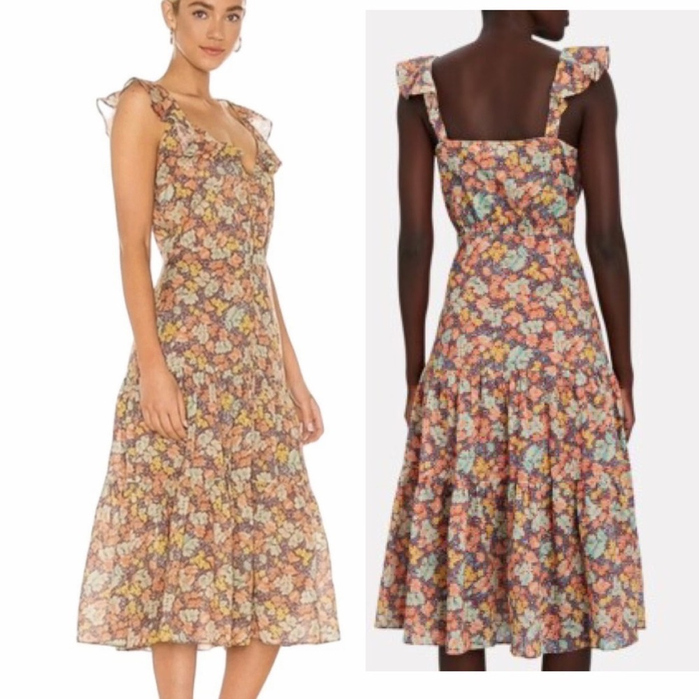 Veronica Beard Malgosia Floral Cotton Ruffle Cottagecore Vintage Midi Dress 10